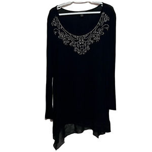 Esperanza Women's Black Embellished Sheer Long‎ Sleeve Blouse Size 2X